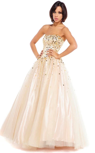 A-Line Strapless Floor-Length Sleeveless Beaded Satin Prom Dress With Lace-Up Back And Bow