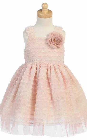 Floral Tea-Length Tiered Tulle Flower Girl Dress With Ruffles