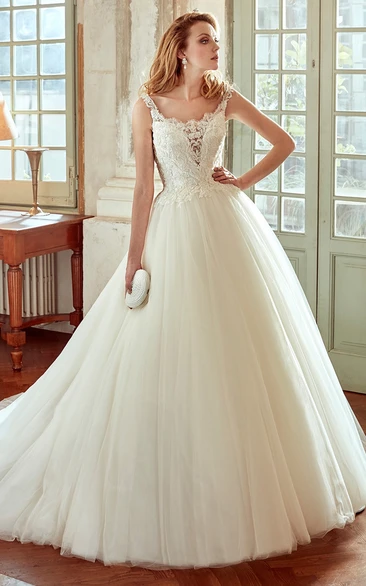 Strap-Neck A-Line Wedding Dress with Lace Bodice and Puffy Tulle Skirt 