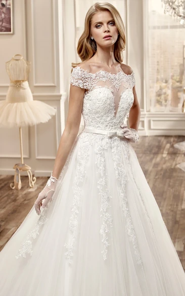 Off-Shoulder Lace A-Line Wedding Dress With Illusive Deep-V And Brush Train