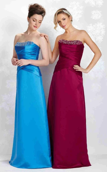 Floor-Length Strapless Beaded Satin Bridesmaid Dress With Ruching And Lace-Up