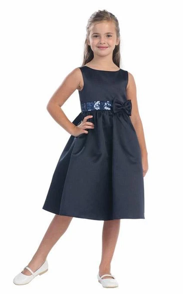 Midi Bowed Tiered Sequins&Satin Flower Girl Dress With Sash