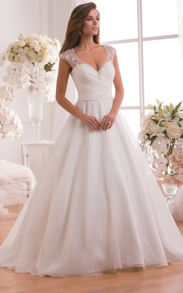 Cap-Sleeved V-Neck A-Line Gown With Crystal Illusion Style
