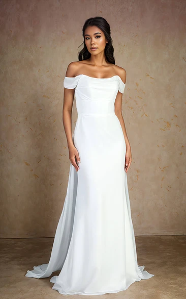 Casual Simple Solid Off-the-shoulder Sleeveless Sheath Chiffon Wedding Dress Beach Plus Size Floor-length Backless Bridal Gown with Button Back Brush Train