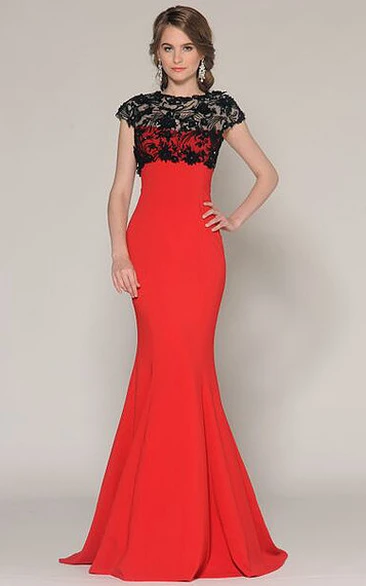 Mermaid Lace Cap-Sleeve Jewel-Neck Floor-Length Jersey Prom Dress