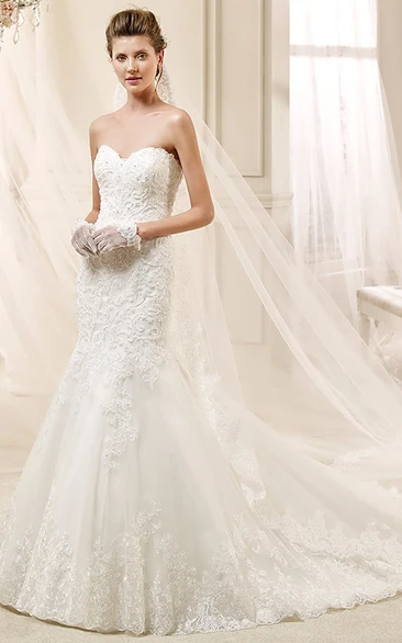 Simple Sweetheart Lace Long Gown With Sheath Style And Court Train