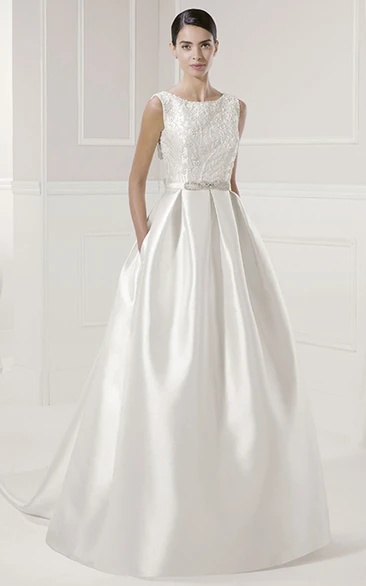 Jewel Neck Pleated Taffeta Bridal Gown With Beading Sash And Back Bows