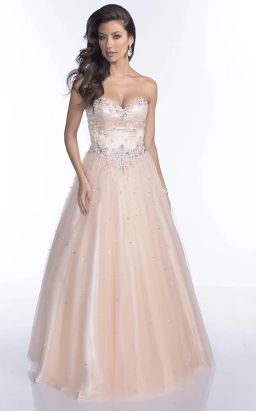 A-Line Tulle Sweetheart Sleeveless Prom Dress With Jeweled Appliques With Open Back