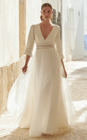 Bohemian A-Line V-neck Satin Tulle Floor-length Wedding Dress