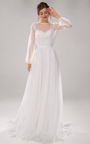Beautiful A Line Jewel Chiffon Long Sleeve Wedding Dress with Train