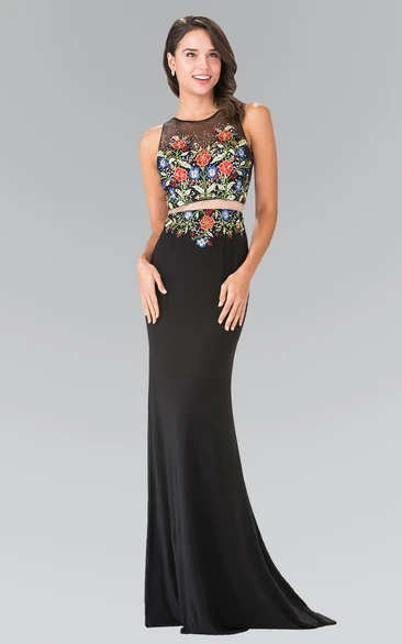 Sheath Scoop-Neck Sleeveless Jersey Illusion Dress With Embroidery
