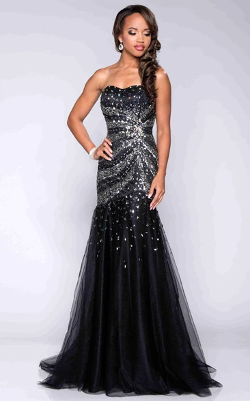 Strapless Trumpet Tulle Prom Dress With Sequins And Asymmetrical Waistline