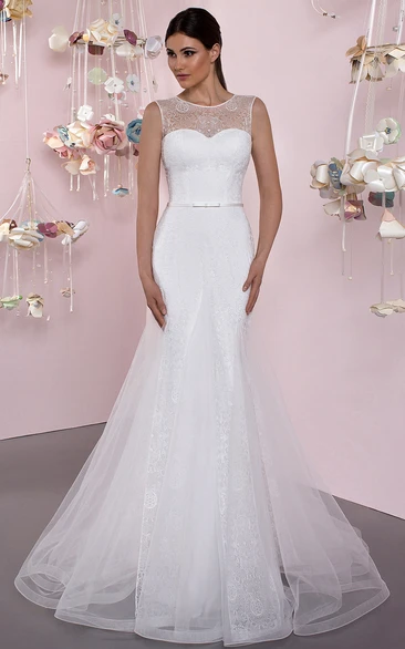 Mermaid Appliqued Scoop Floor-Length Sleeveless Tulle Wedding Dress With Low-V Back And Lace