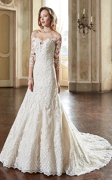 A Line Long Off The Shoulder 3 4 Sleeve Lace Wedding Dress With