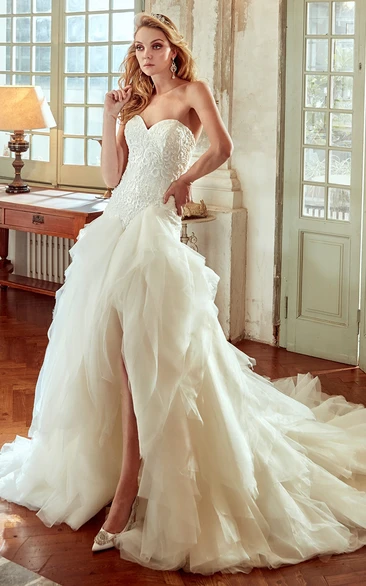 Sweetheart High-Low Wedding Dress with Ruching Skirt and Lace Corset