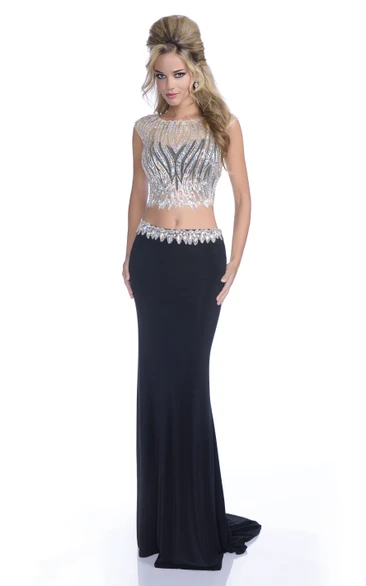Crop Top Sheath Jersey Scalloped-Edge Neck Prom Dress With Shining Bodice