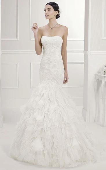Strapless Appliqued Tiered Tulle Gown With Removable Lace Cap Sleeves
