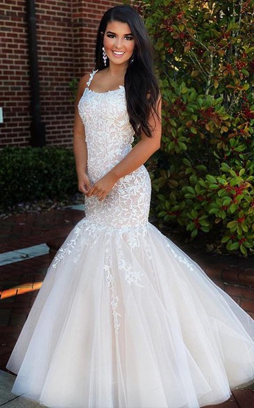 Lace Tulle Sleeveless Mermaid Spaghetti Floor-length Prom Dress With Appliques