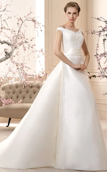 Floor-Length V-Neck Appliqued Satin Wedding Dress