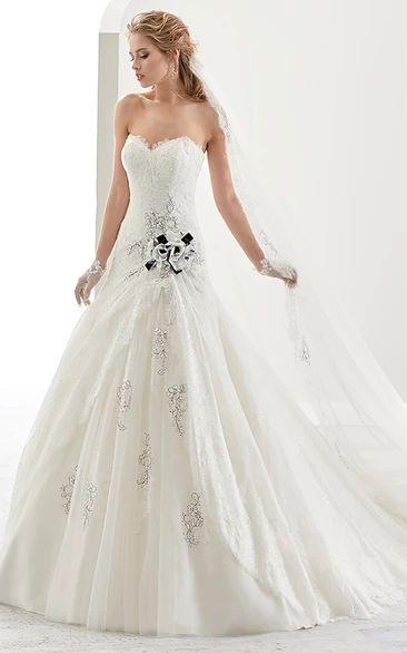 Sweetheart Beaded Flower Lace Bridal Gown with Lace-up Back and Asymmetrical Ruffles