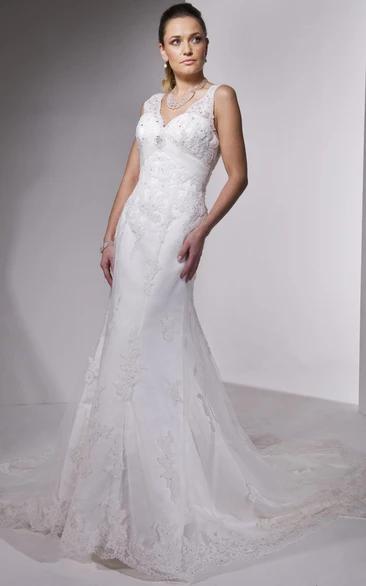 Sheath Floor-Length Appliqued Sleeveless V-Neck Satin Wedding Dress With Low-V Back And Court Train