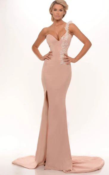 Sheath One-Shoulder Appliqued Floor-Length Sleeveless Jersey Prom Dress With Split Front