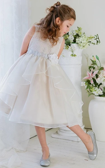 Embroideried Tea-Length Tiered Lace&Organza Flower Girl Dress