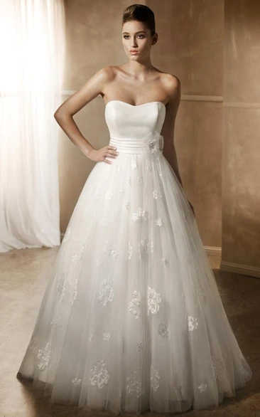 Ball Gown Strapless Long Tulle&Satin Wedding Dress With Appliques And Deep-V Back