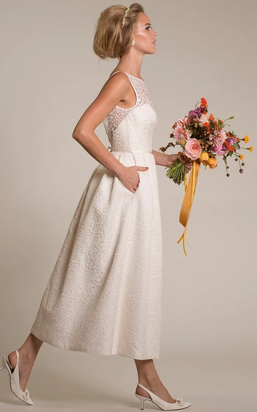 A-Line Tea-Length Sleeveless Bateau-Neck Lace Wedding Dress With Deep-V Back