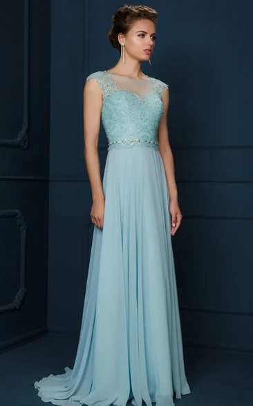 A-Line Jewel-Neck Cap-Sleeve Appliqued Maxi Chiffon&Lace Evening Dress With Beading And Pleats