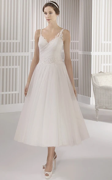 A-Line Tea-Length Spaghetti Sleeveless Lace Tulle Wedding Dress With Ruching