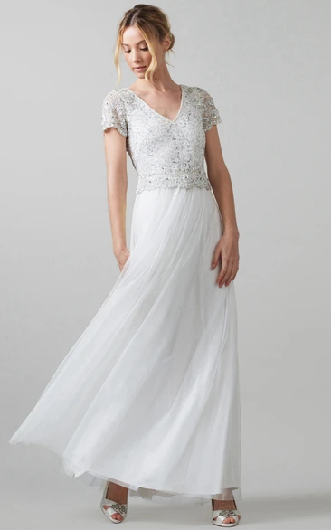 Sheath T-Shirt-Sleeve Floor-Length Pleated V-Neck Tulle Wedding Dress With Beading And Keyhole