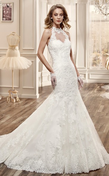 High-Neck Mermaid Lace Wedding Dress With Appliques And Brush Train