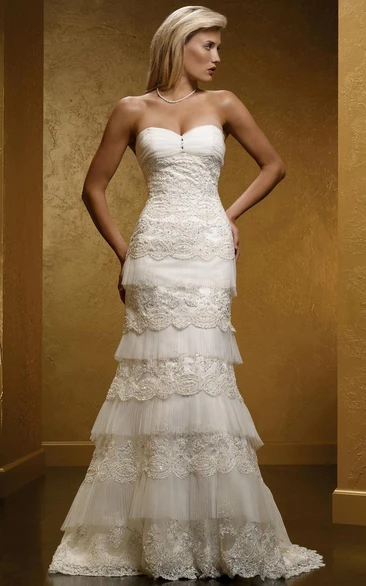 Sheath Sweetheart Long Sleeveless Tiered Lace Wedding Dress With Appliques And Corset Back