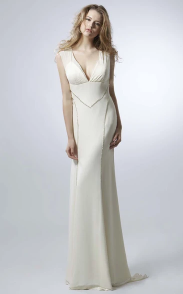 Sheath V-Neck Sleeveless Long Chiffon Wedding Dress With Low-V Back
