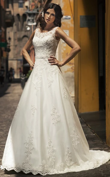 A-Line Scoop-Neck Appliqued Sleeveless Floor-Length Satin&Lace Wedding Dress With Beading