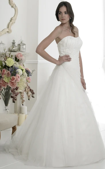 A-Line Beaded Strapless Tulle Wedding Dress With Court Train