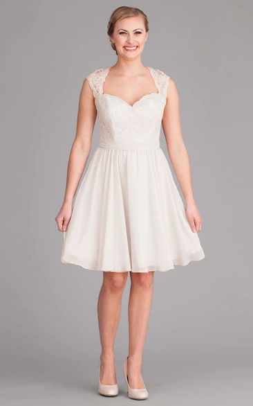 Midi Queen Anne Cap-Sleeve Lace Chiffon Wedding Dress