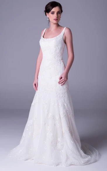 A-Line Strapped Floor-Length Sleeveless Appliqued Lace Wedding Dress