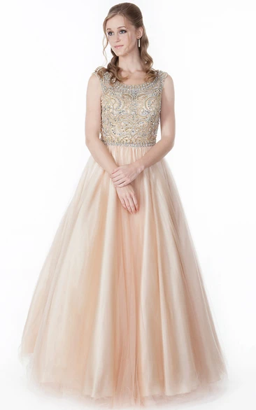 A-Line Floor-Length Scoop-Neck Beaded Sleeveless Tulle&Satin Prom Dress With Pleats