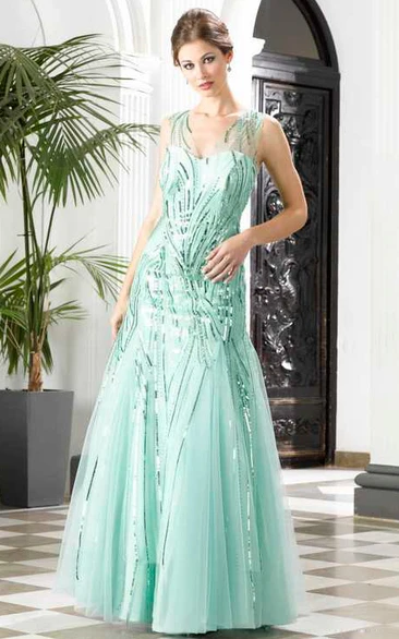 A-Line Floor-Length V-Neck Sleeveless Tulle Sequins Pleats Low-V Back Dress