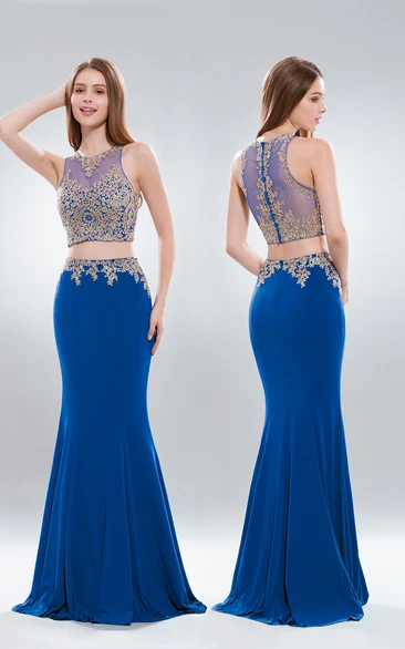 Two-Piece Mermaid Maxi High Neck Sleeveless Jersey Illusion Dress With Appliques