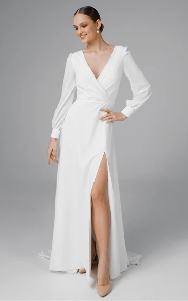 Elegant V-neck A Line Chiffon Sweep Train Wedding Dress with Split Front