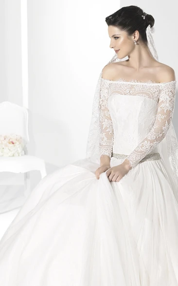 Long Jeweled Long-Sleeve Off-The-Shoulder Chiffon Wedding Dress With Lace And Illusion