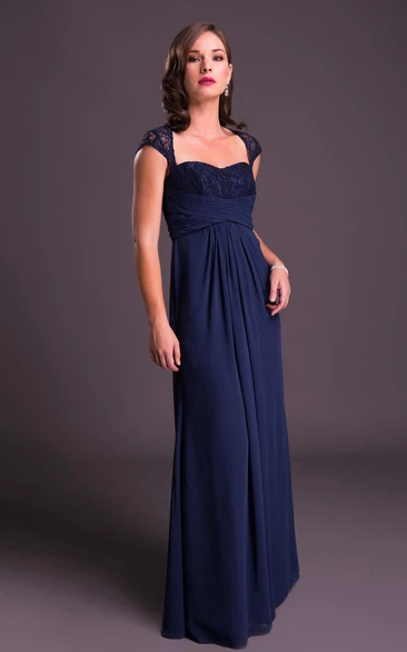 Sheath Floor-Length Cap-Sleeve Lace Chiffon Bridesmaid Dress