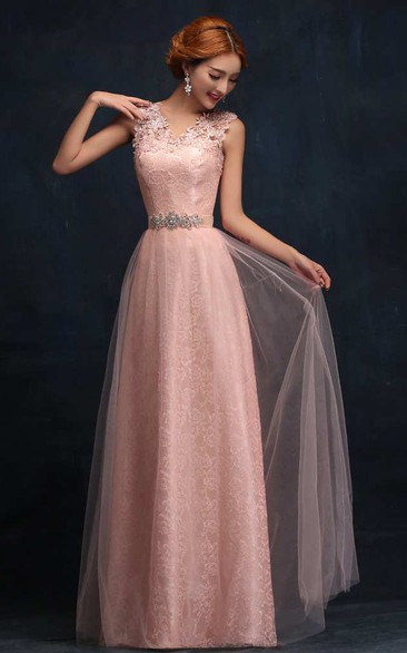 Lace Strap A-line Long Tulle Dress With Beaded Sash