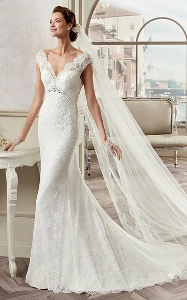 Sweetheart Cap Sleeve Lace Long Gown With Open Back And Brush Train