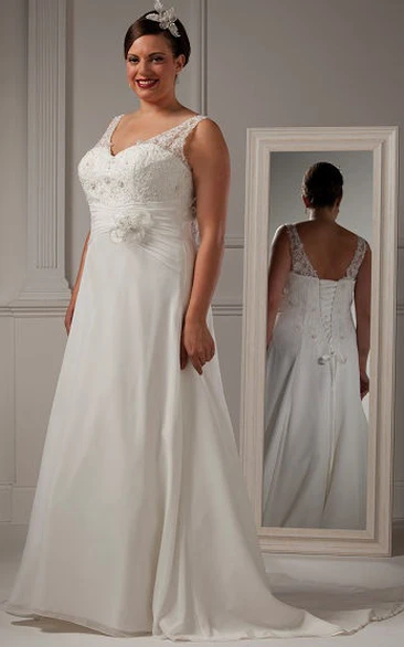 V Neck Lace-up A-line Bridal Gown With Lace Top And Waist Flower