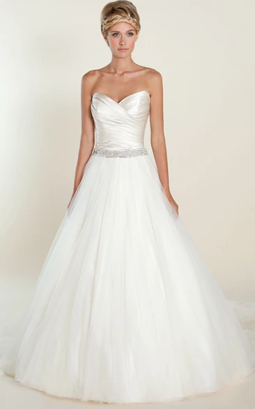 Ball Gown Sweetheart Long Jeweled Tulle&Satin Wedding Dress With Criss Cross And Pleats