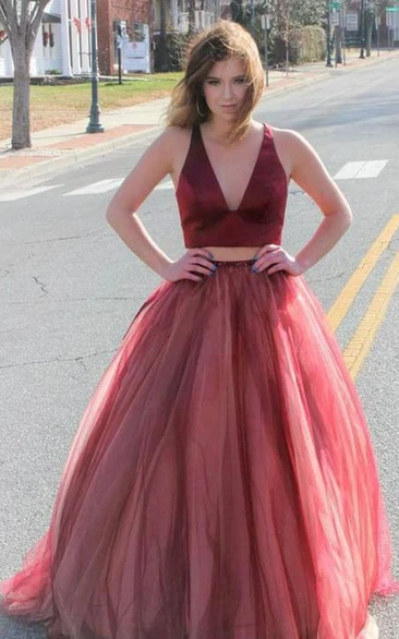 Modern V-neck Two Piece Floor-length Sleeveless Tulle Formal Dress with Bow